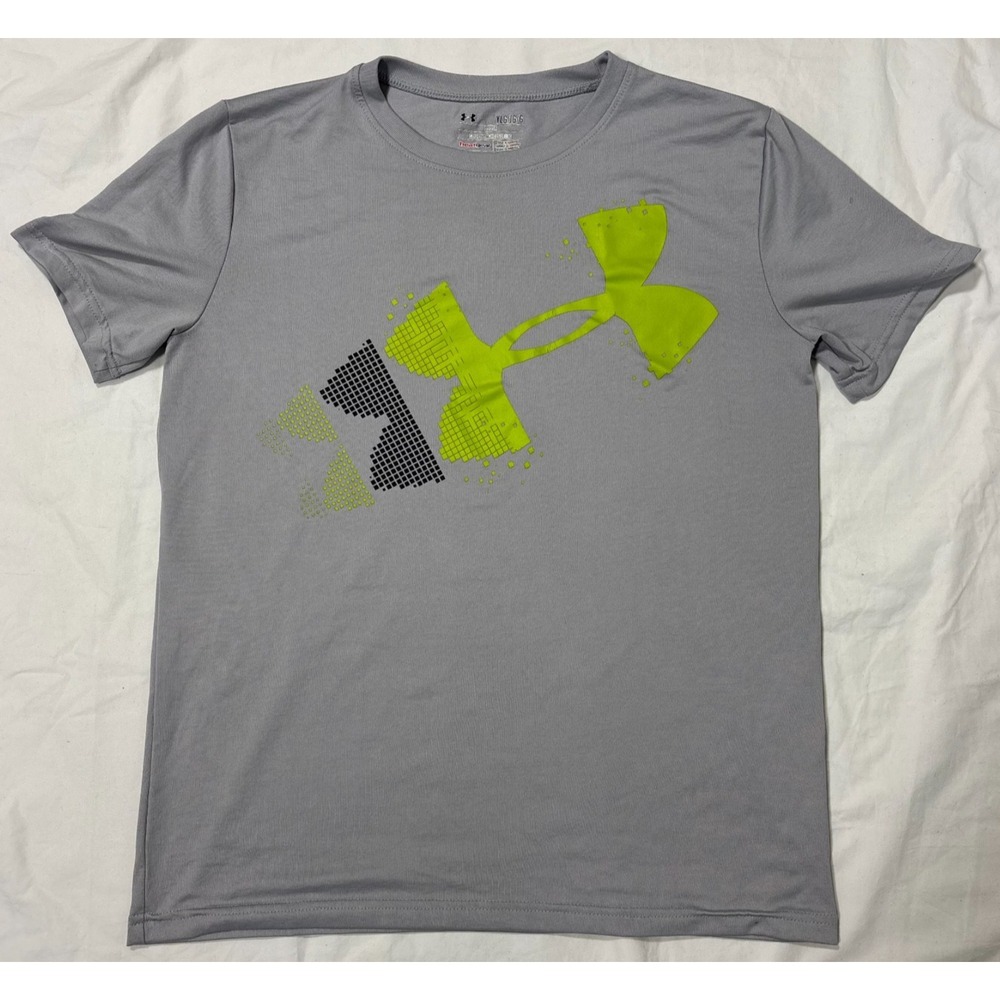 Under Armour Boys T-Shirt Gray HeatGear Logo Graphic Short Sleeve Crew Neck L